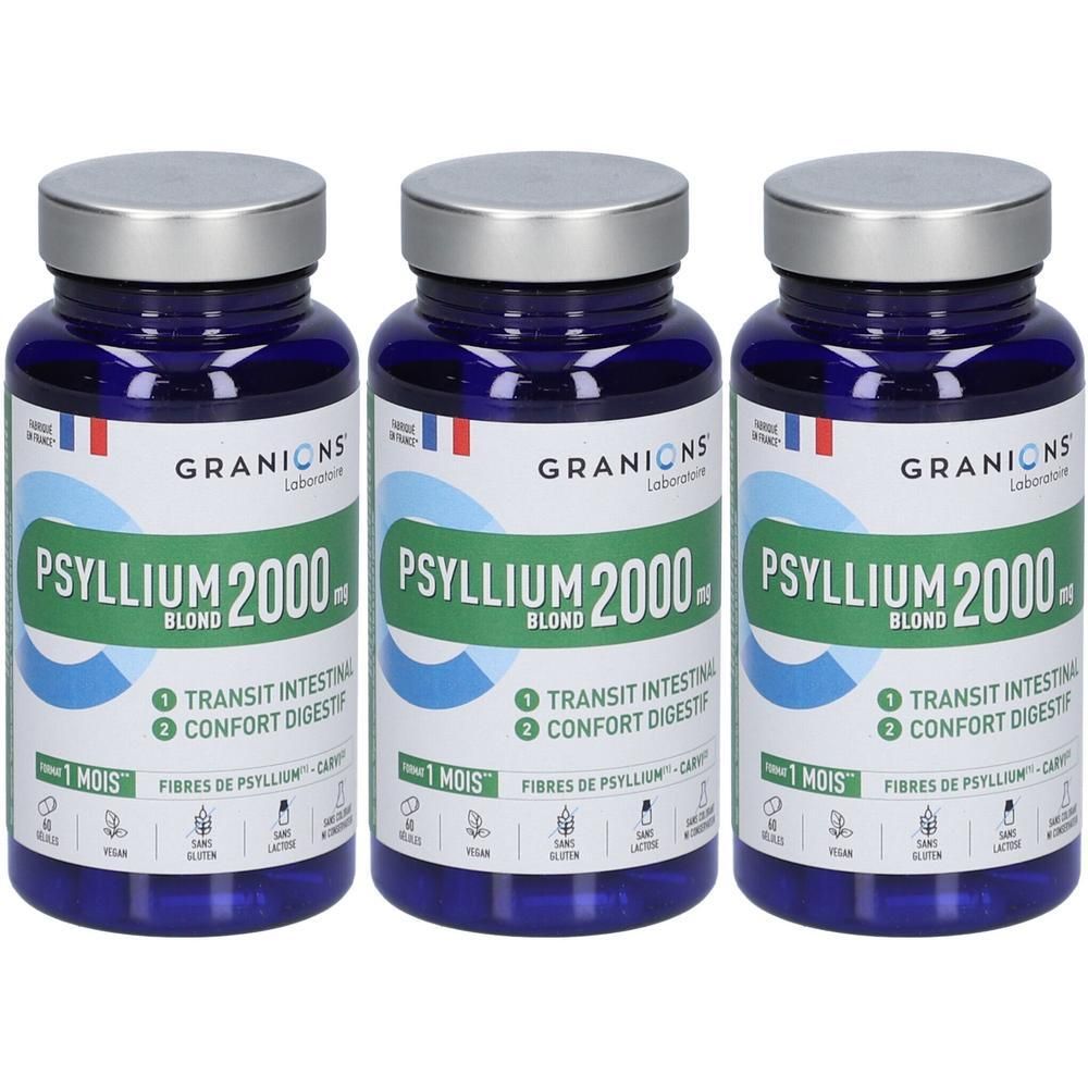 Trois flacons de Granions Psyllium Blond 2000 mg avec bouchons argentés. Flacons bleus avec étiquettes blanches et vertes.