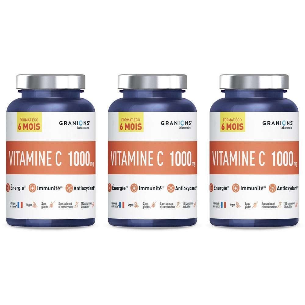Trois flacons de GRANIONS Vitamine C 1000 mg avec bouchons argentés et étiquettes orange et blanc.