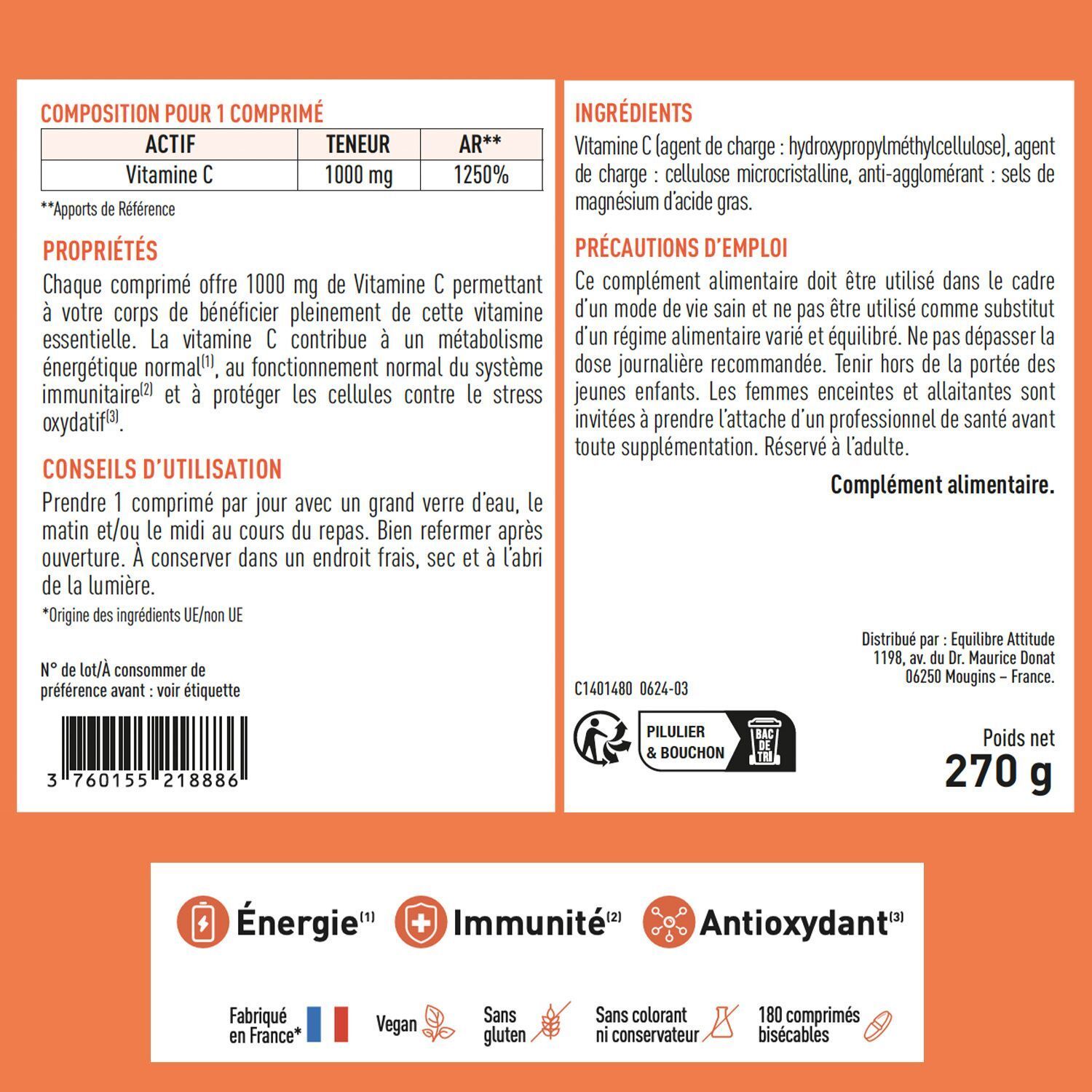 Arrière d'un flacon de GRANIONS Vitamine C 1000 mg avec informations nutritionnelles et ingrédients.