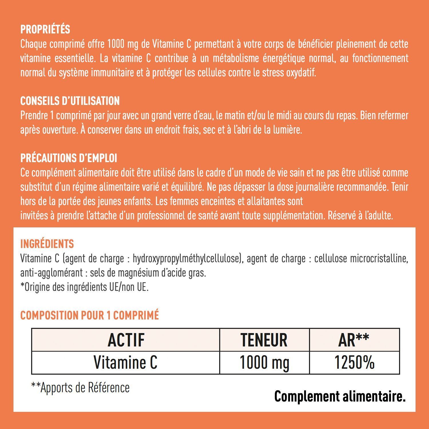 Vue détaillée de l'arrière d'un flacon de GRANIONS Vitamine C 1000 mg avec ingrédients et conseils d'utilisation.