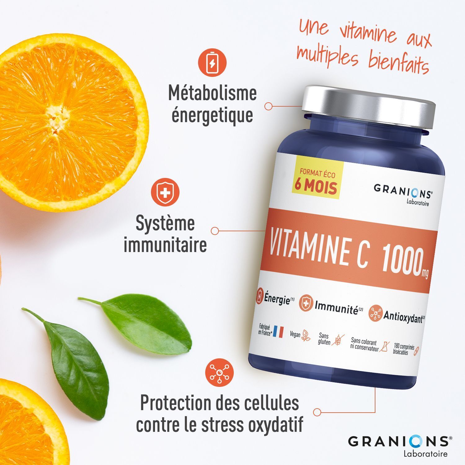 Un flacon de GRANIONS Vitamine C 1000 mg à côté de tranches d'orange et de feuilles, avec des icônes énergie et immunité.