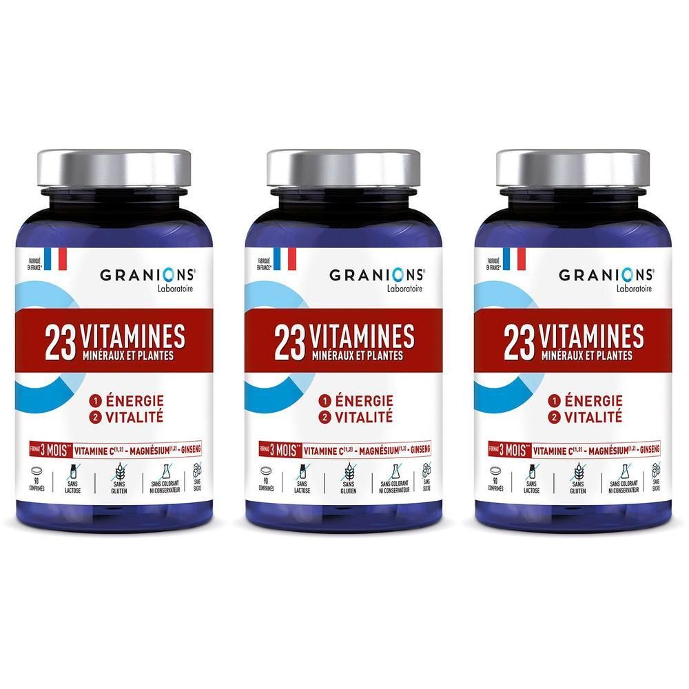 Trois flacons de Granions 23 Vitamines, Minéraux et Plantes pour l'énergie et la vitalité.