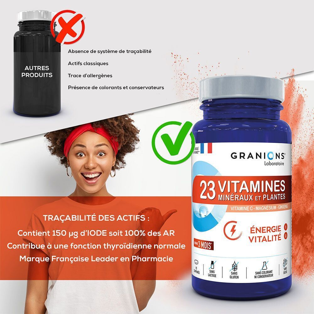 Flacon Granions 23 Vitamines, Minéraux et Plantes avec informations de traçabilité.