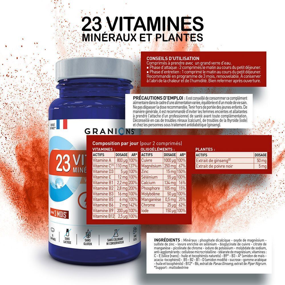 Flacon Granions 23 Vitamines, Minéraux et Plantes avec composition détaillée.