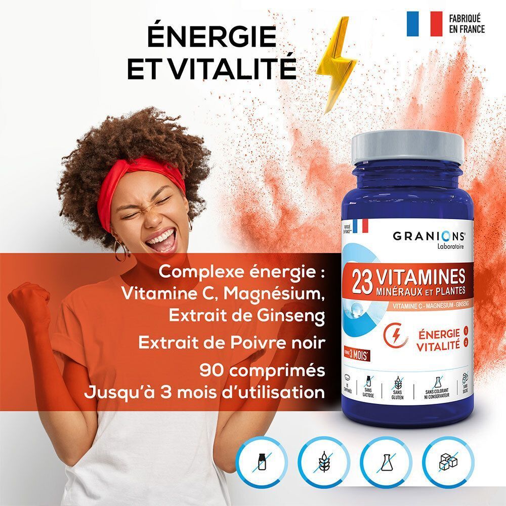 Flacon Granions 23 Vitamines, Minéraux et Plantes pour l'énergie et la vitalité.