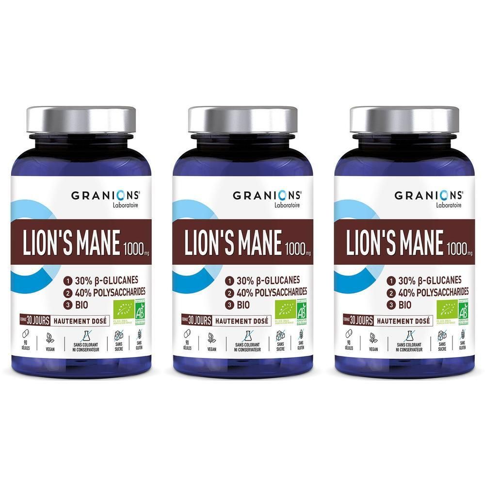 Trois flacons de Granions Crinière de Lion BIO 1000 mg avec bouchons argentés et étiquettes bleues.