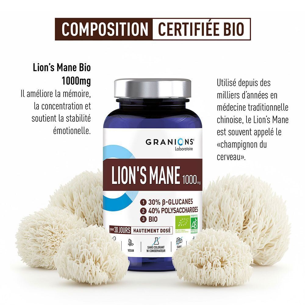 Un flacon de Granions Crinière de Lion BIO 1000 mg entouré de trois champignons crinière de lion. Texte sur la composition bio.