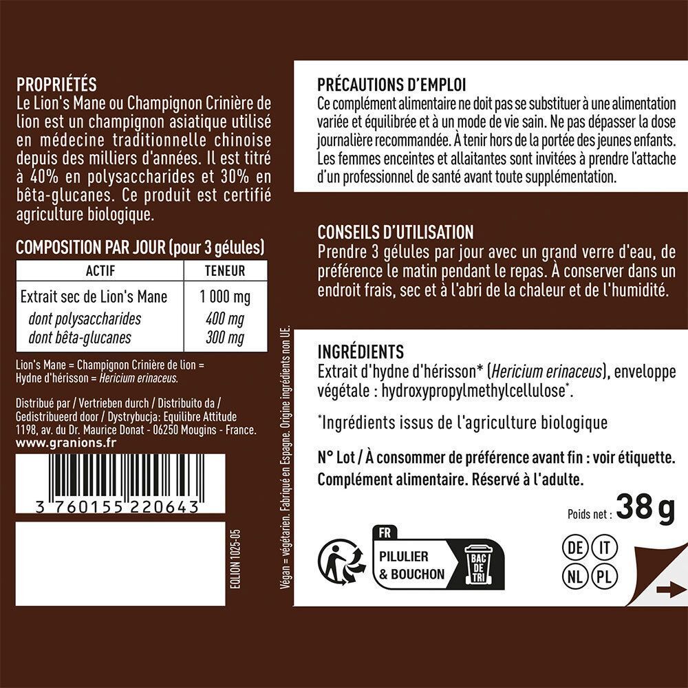 Arrière d'un flacon Granions Crinière de Lion BIO 1000 mg avec informations nutritionnelles et certifications.