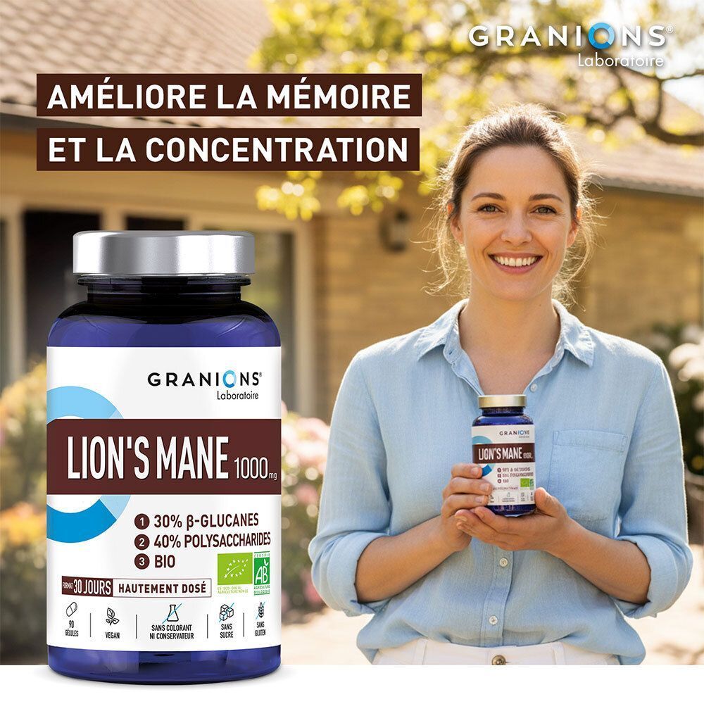 Une femme tenant un flacon de Granions Crinière de Lion BIO 1000 mg. Texte sur la mémoire et la concentration.