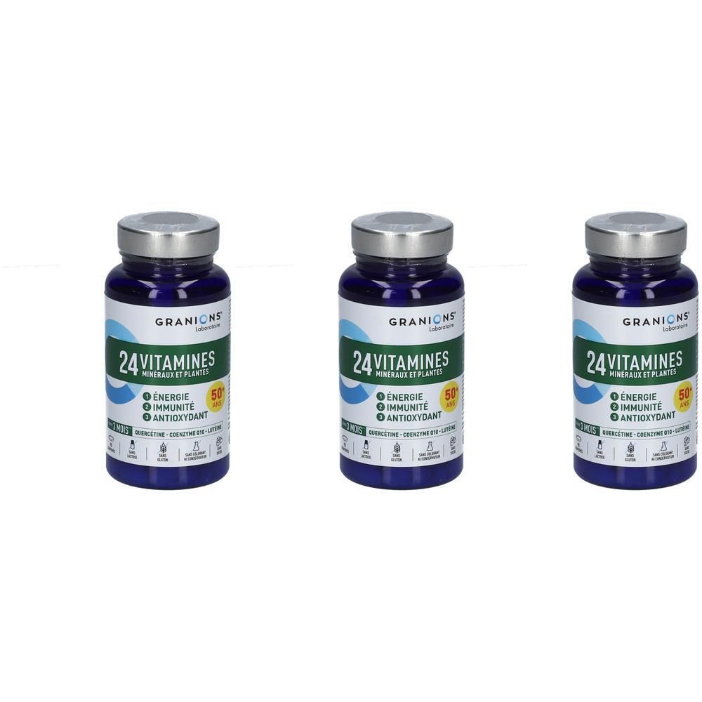 Trois flacons bleus de Granions 24 Vitamines Minéraux et Plantes. Étiquette "Énergie, Immunité, Antioxydant".