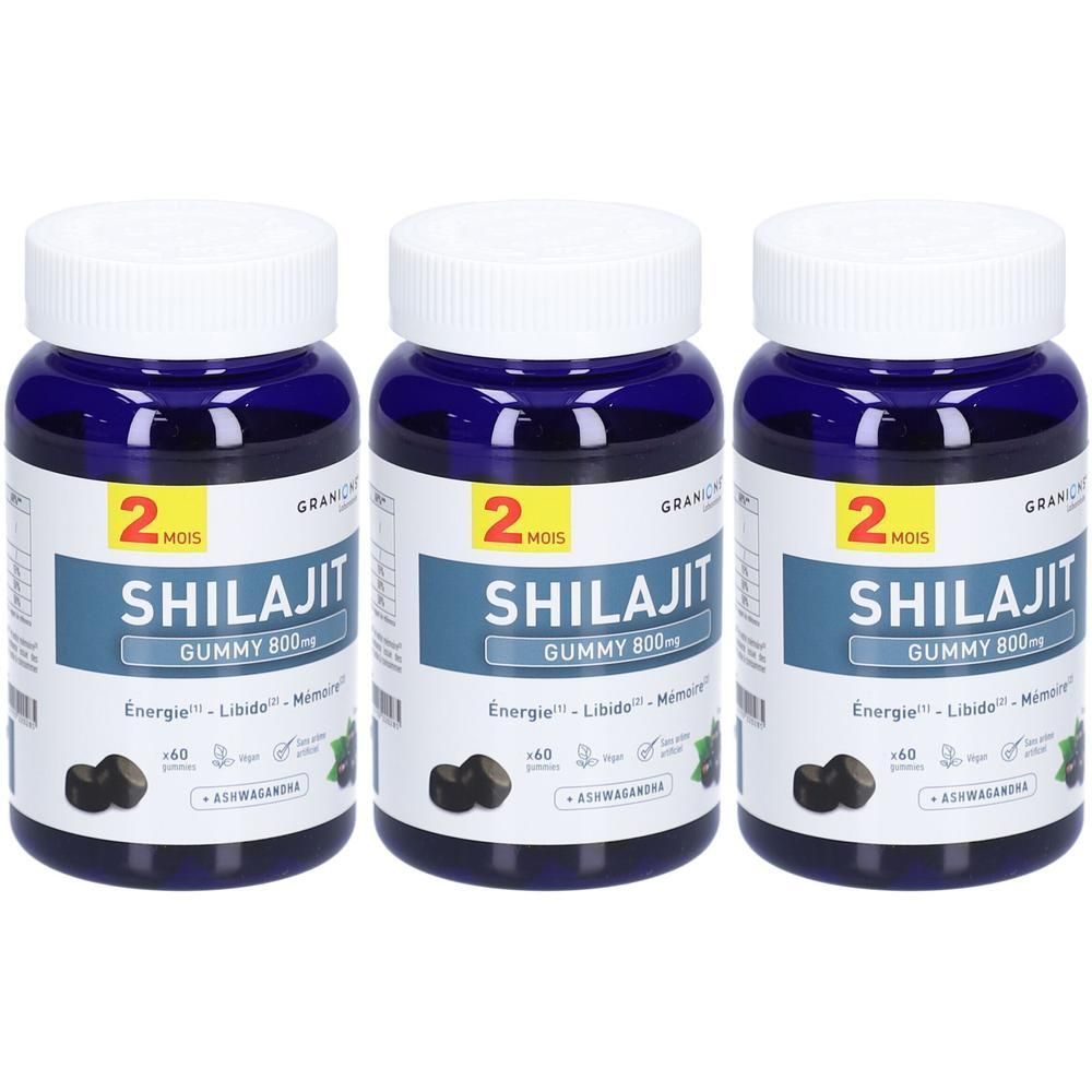 Trois flacons de Granions Shilajit Gummies 800 mg. Flacons bleus avec bouchons et étiquettes blancs.