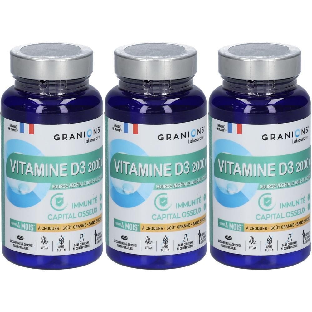 Trois flacons de Vitamine D3 2000 UI de Granions Laboratoire. Flacons bleus avec bouchons argentés.