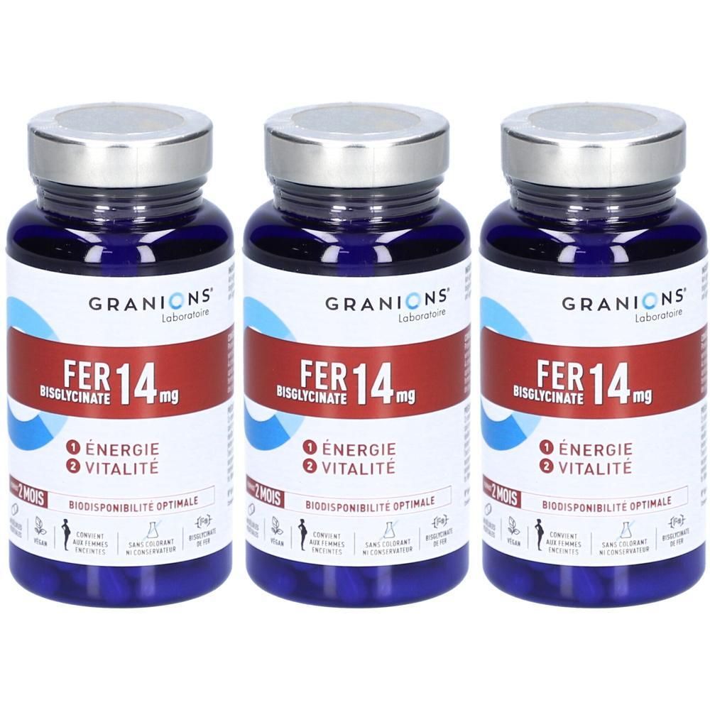 Trois flacons de GRANIONS Fer 14 mg avec bouchons argentés. Flacons bleus avec étiquettes blanches et rouges.