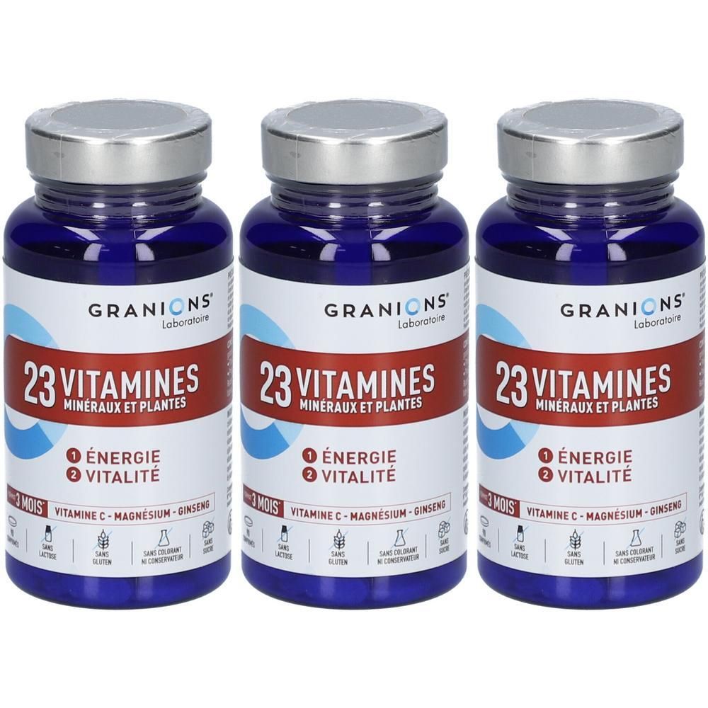 Trois flacons Granions 23 Vitamines, Minéraux et Plantes. Flacons bleus avec bouchons argentés.
