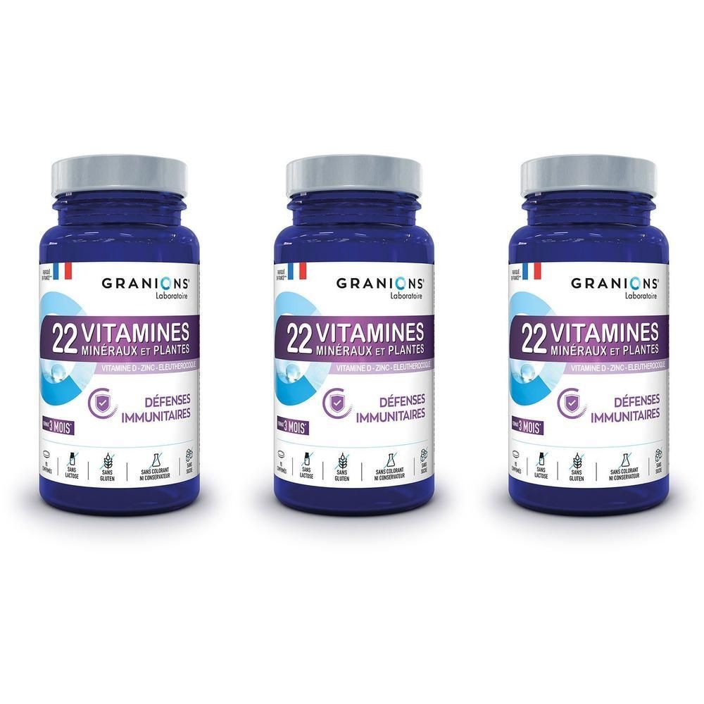 Trois flacons de Laboratoire des Granions 22 Vitamines Minéraux et Plantes pour les défenses immunitaires.