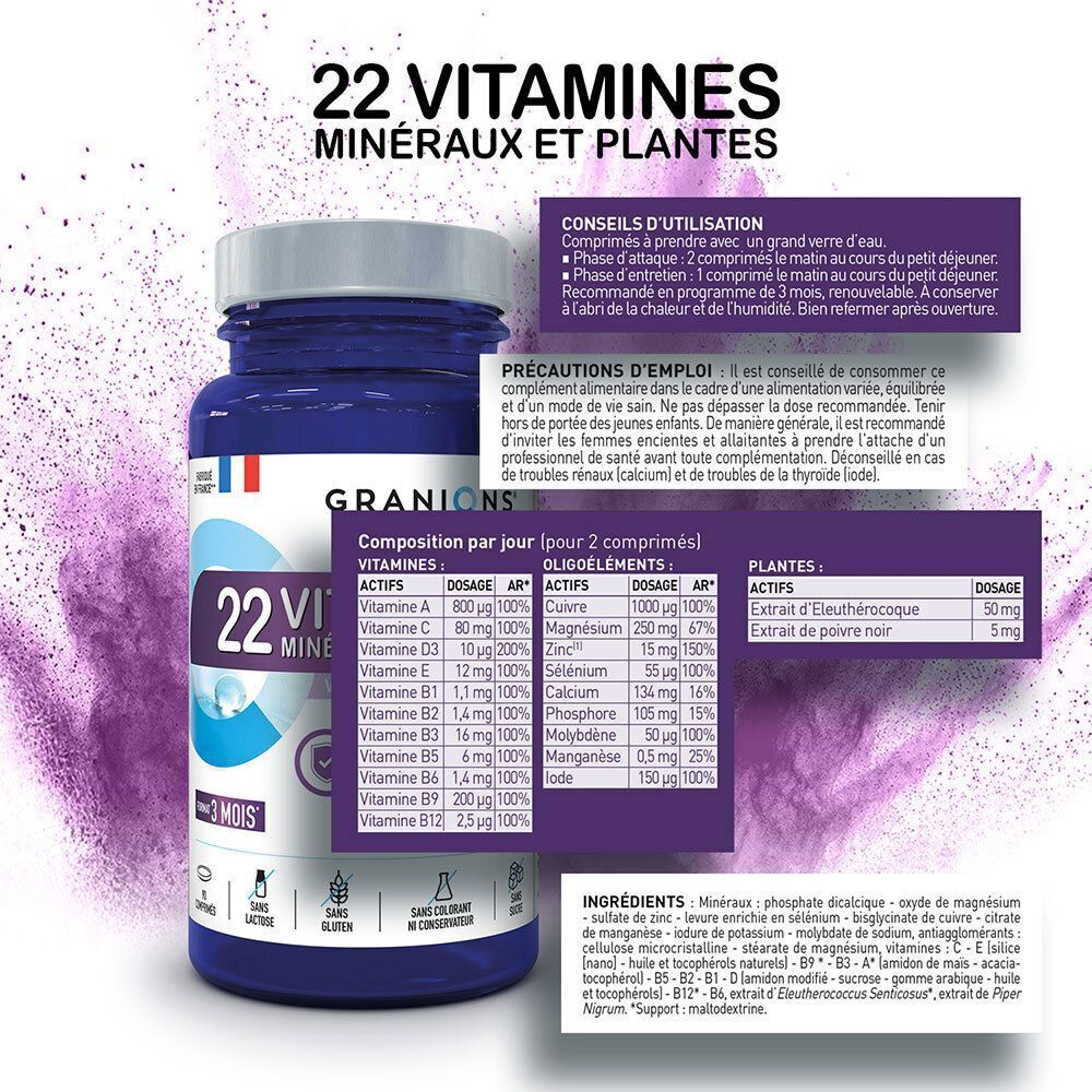 Un flacon de Laboratoire des Granions 22 Vitamines Minéraux et Plantes avec détails nutritionnels.