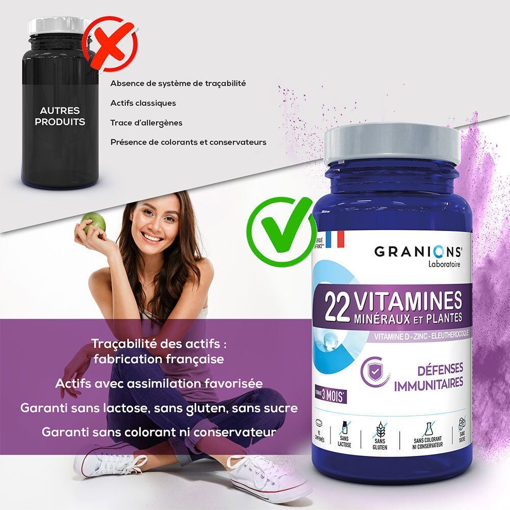 Un flacon de Laboratoire des Granions 22 Vitamines Minéraux et Plantes, à côté d'une femme avec une pomme.