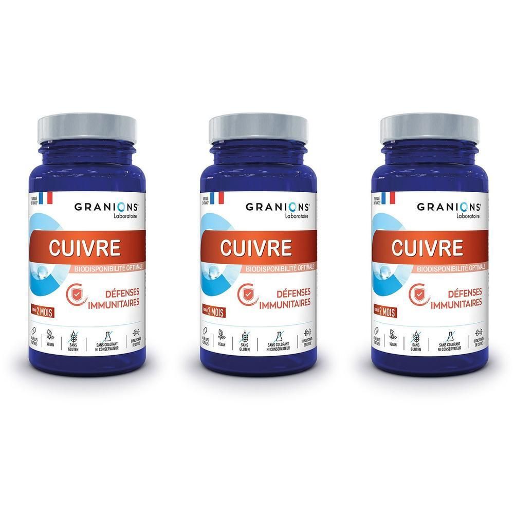 Trois flacons de complément alimentaire Cuivre des Laboratoires des Granions®.