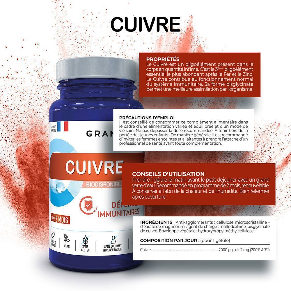 Un flacon de Cuivre des Laboratoires des Granions® avec informations sur les propriétés et l'utilisation.
