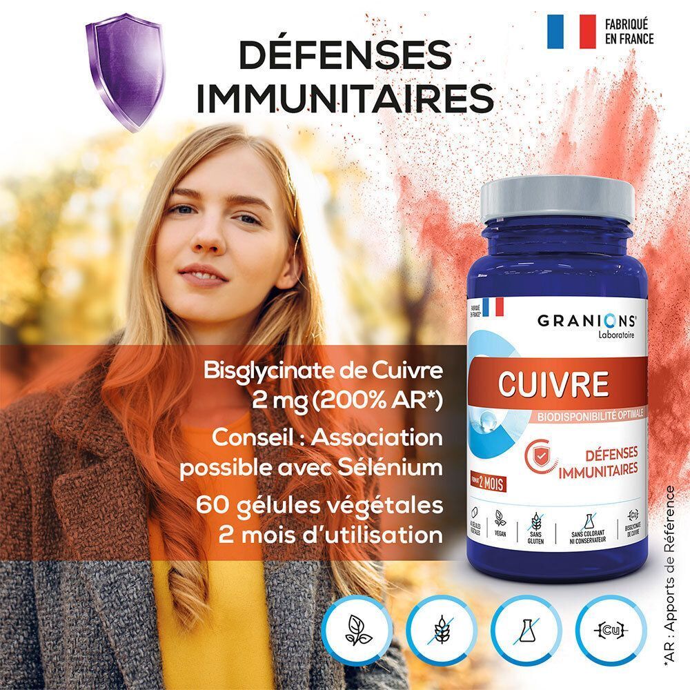 Une femme à côté d'un flacon de Cuivre des Laboratoires des Granions®, renforçant le système immunitaire.