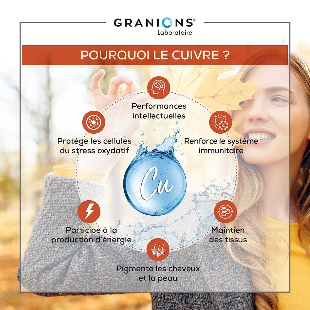 Graphique illustrant les bienfaits du cuivre pour le cerveau, le système immunitaire et les tissus.