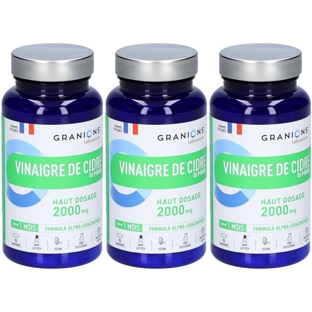 Trois flacons de Vinaigre de Cidre Granions, 2000mg, formule ultra-concentrée.