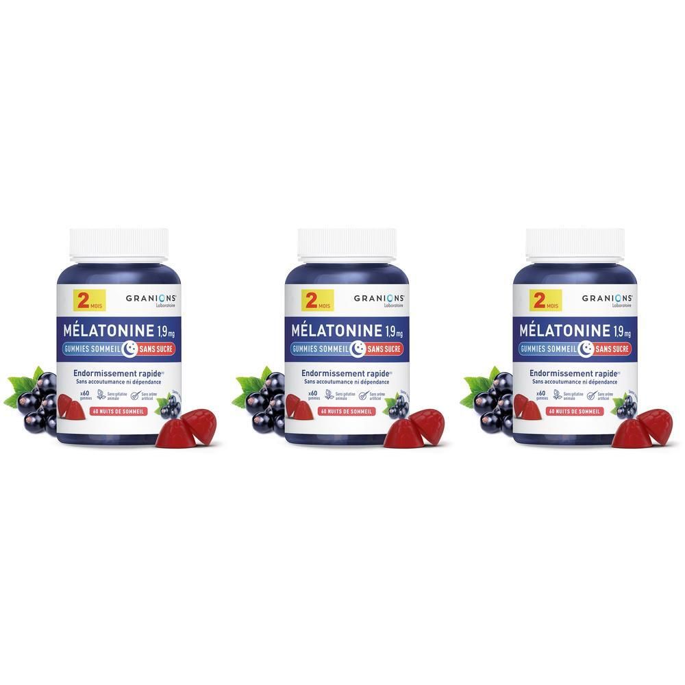 Trois flacons de GRANIONS Mélatonine 1,9 mg avec des baies.