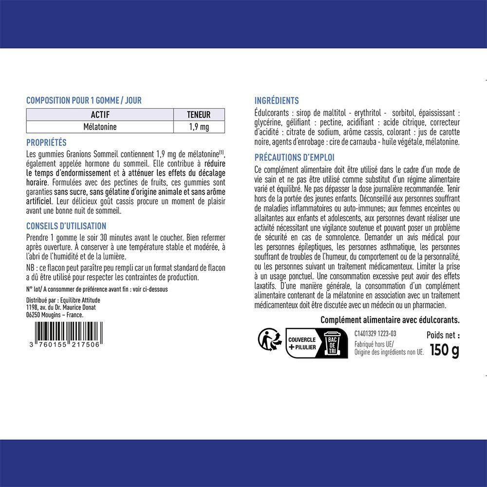 Arrière d'un flacon GRANIONS Mélatonine 1,9 mg avec ingrédients et conseils d'utilisation.