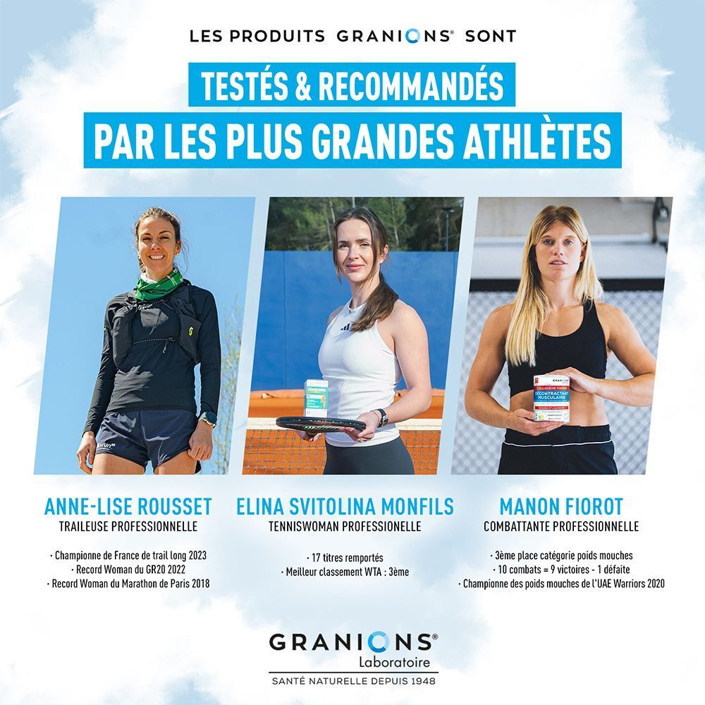 Trois athlètes féminines sponsorisées par GRANIONS, avec des emballages de produits.