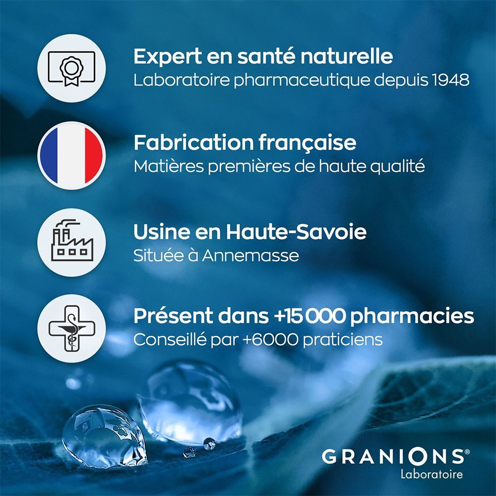 Symboles pour la fabrication française, la qualité et la présence en pharmacie de GRANIONS.