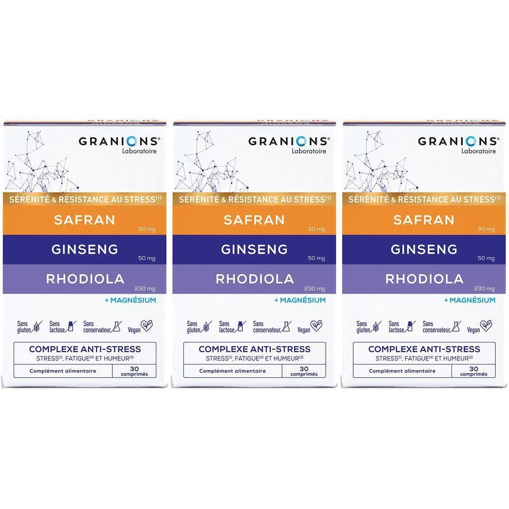 Trois boîtes Granions Complexe Anti-Stress avec Safran, Ginseng, Rhodiola et Magnésium. Chaque boîte contient 30 comprimés.