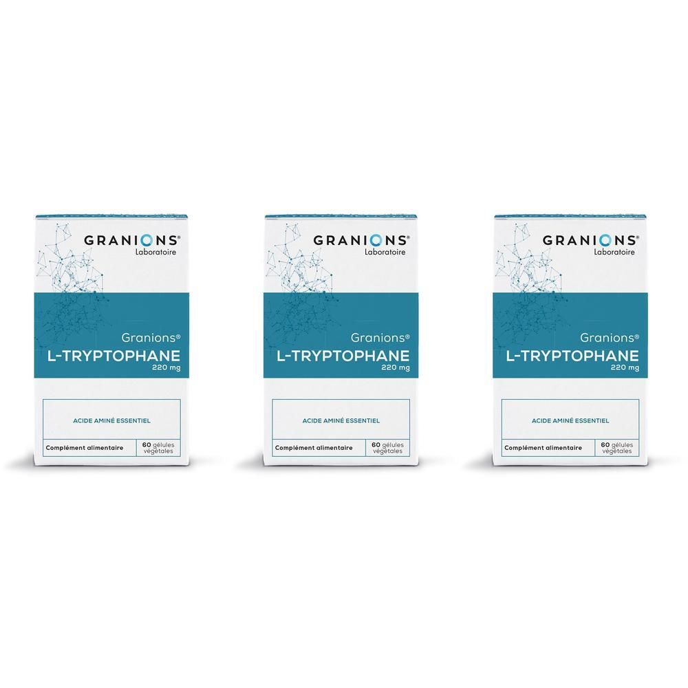 Trois boîtes de GRANIONS L-Tryptophan 220 mg, complément alimentaire.