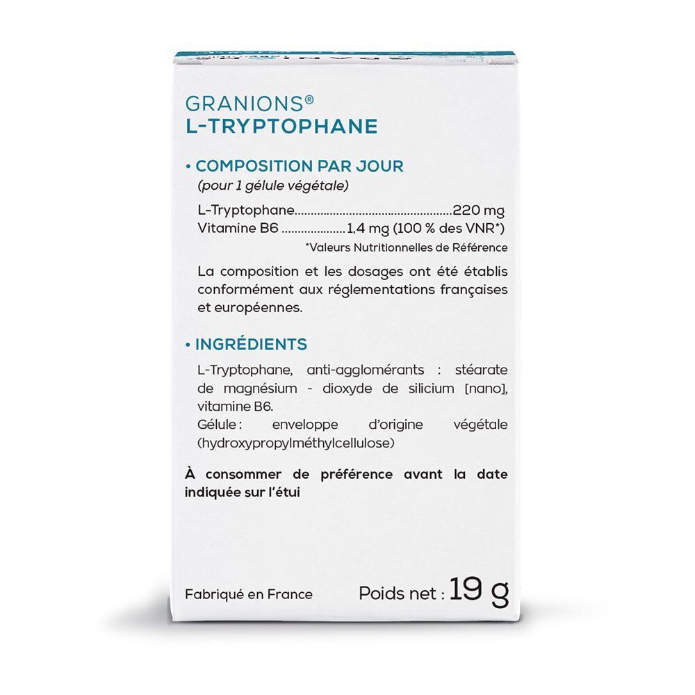 Arrière d'une boîte GRANIONS L-Tryptophan 220 mg avec ingrédients et informations nutritionnelles.
