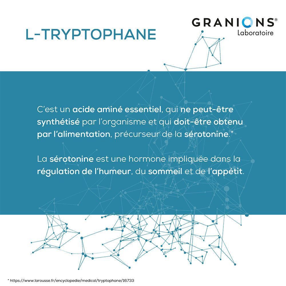 Informations sur le L-Tryptophane, acide aminé essentiel précurseur de la sérotonine.