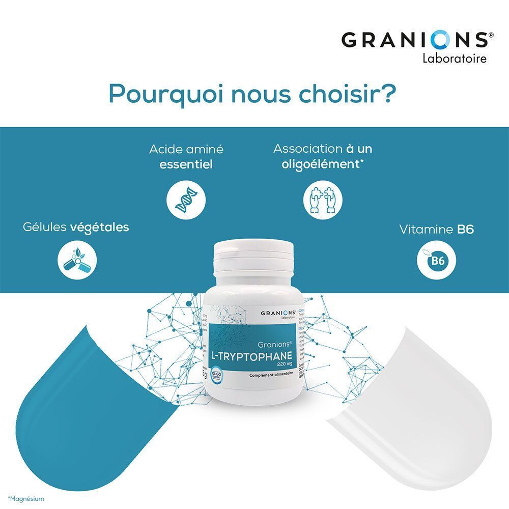 Pot GRANIONS L-Tryptophan 220 mg, acide aminé essentiel, vitamine B6.