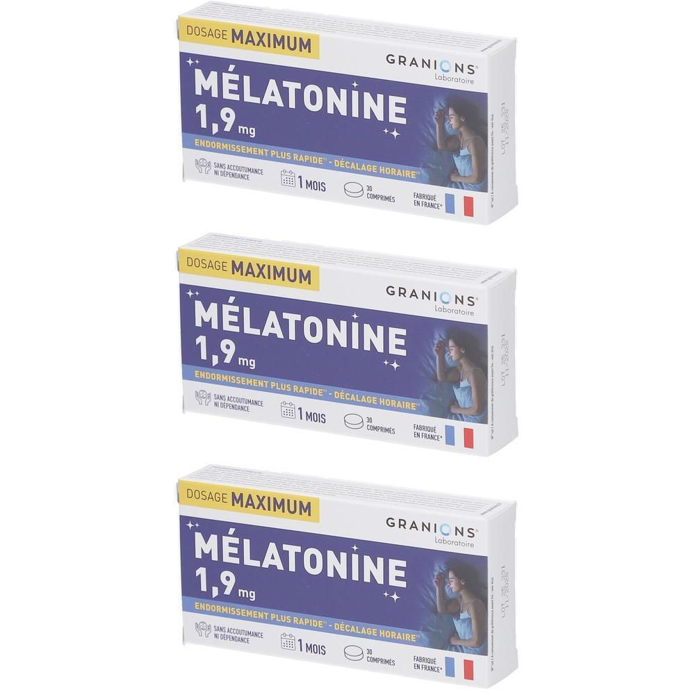 Trois boîtes de Granions Mélatonine 1,9 mg avec motif de sommeil.