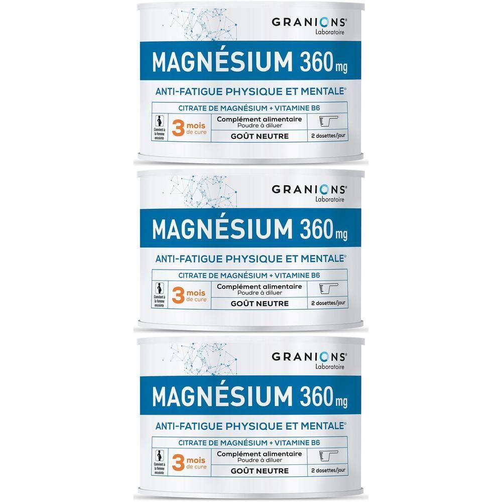 Trois boîtes de GRANIONS Magnésium 360 mg, complément alimentaire anti-fatigue.