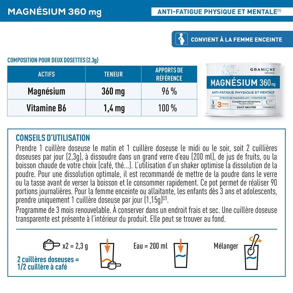Composition et conseils d'utilisation pour la poudre GRANIONS Magnésium 360 mg.