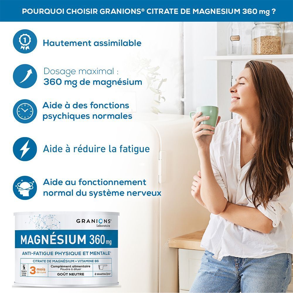 Femme buvant une tasse à côté d'une boîte GRANIONS Magnésium 360 mg, réduit la fatigue.