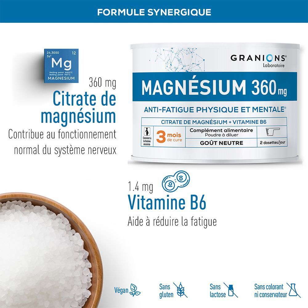 GRANIONS Magnésium 360 mg avec Vitamine B6, vegan, sans gluten, sans lactose.