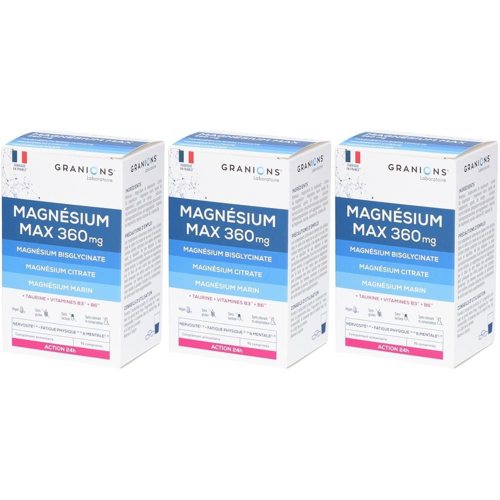 Trois boîtes de Granions Magnésium Max 360mg contenant du bisglycinate de magnésium, du citrate de magnésium et du magnésium marin.