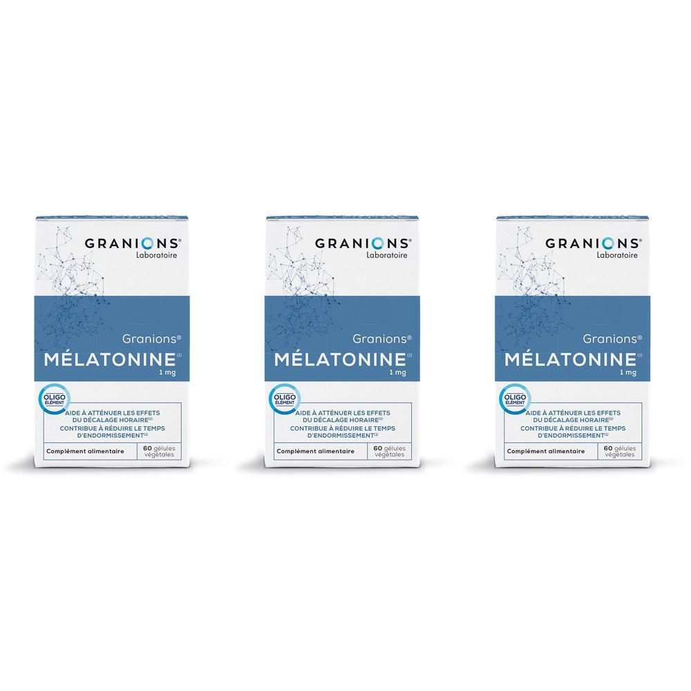 Trois boîtes de Granions Mélatonine 1 mg sur fond blanc.