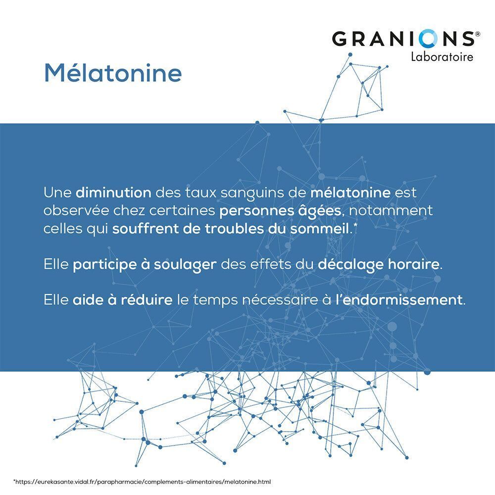 Informations sur Granions Mélatonine 1 mg, aidant à soulager le décalage horaire et à réduire le temps d'endormissement.