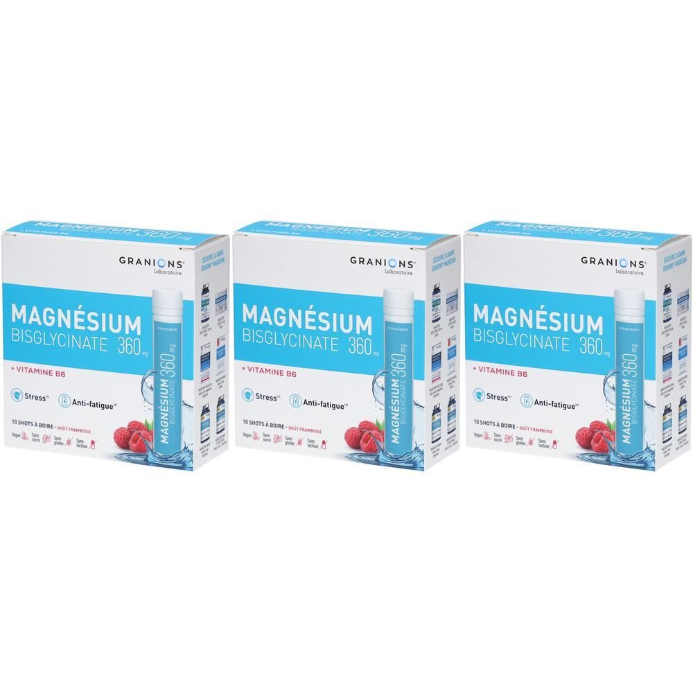 Trois boîtes de Granions Magnésium Bisglycinate 360 mg + Vitamine B6 avec des framboises et des ampoules.
