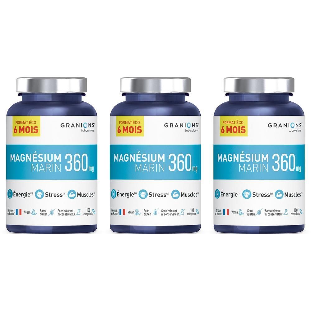 Trois flacons de GRANIONS Magnésium Marin 360 mg Vitamine B6, bouchons argentés, étiquettes bleues.
