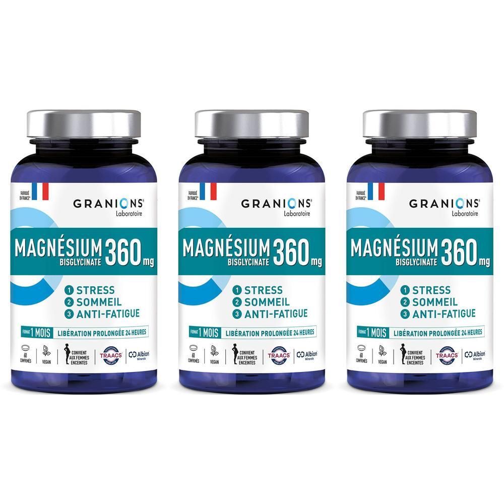 Trois flacons de Magnésium 360 mg de Granions Laboratoire.