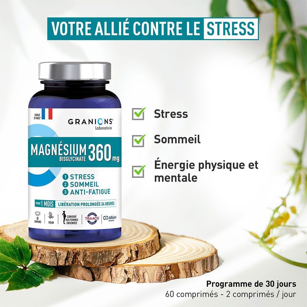 Un flacon de Magnésium 360 mg de Granions Laboratoire sur des rondins de bois.