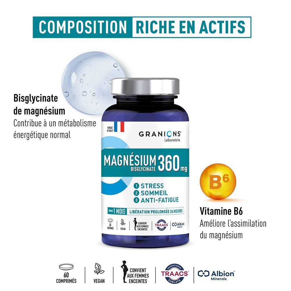 Flacon de Magnésium 360 mg de Granions Laboratoire avec Vitamine B6.
