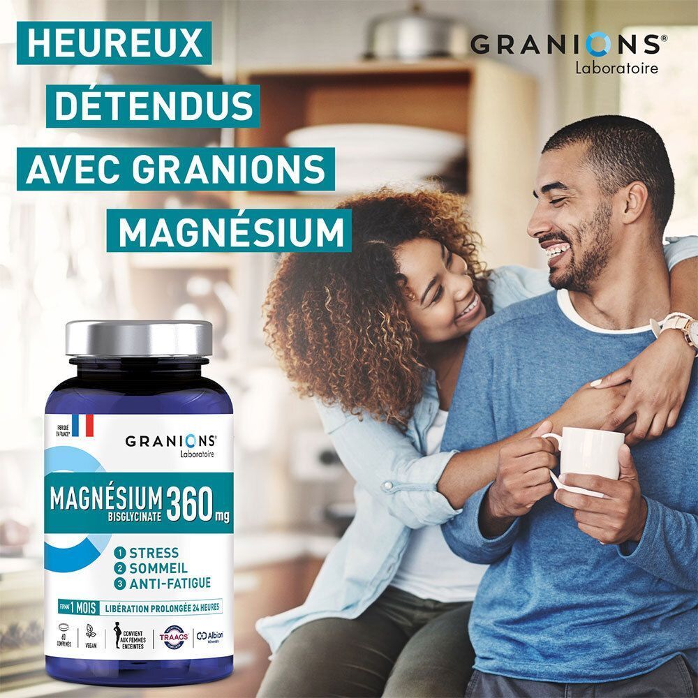Un couple rit, un flacon de Magnésium 360 mg de Granions Laboratoire.