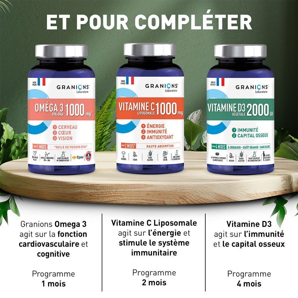 Trois flacons Oméga 3, Vitamine C et Vitamine D3 de Granions Laboratoire.